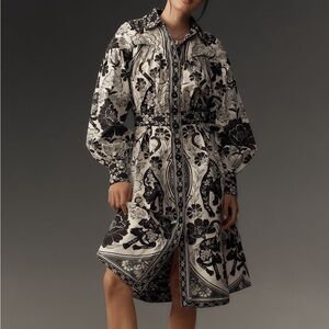 Farm Rio Long Sleeve Collared Midi Shirt Dress